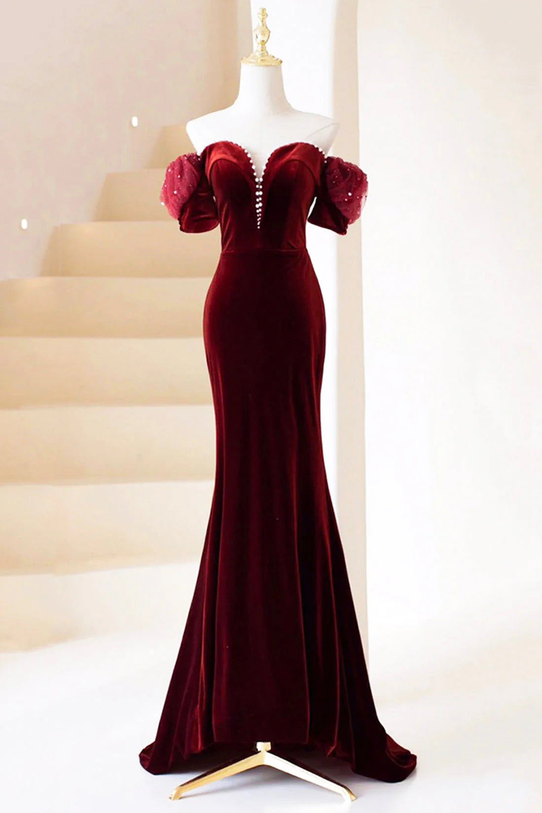 Burgundy Velvet Long Prom Dress Burgundy Off Shoulder Pearl Evening Dress simple gentle atmospheric and unique desi Bring summer colors to enhance white