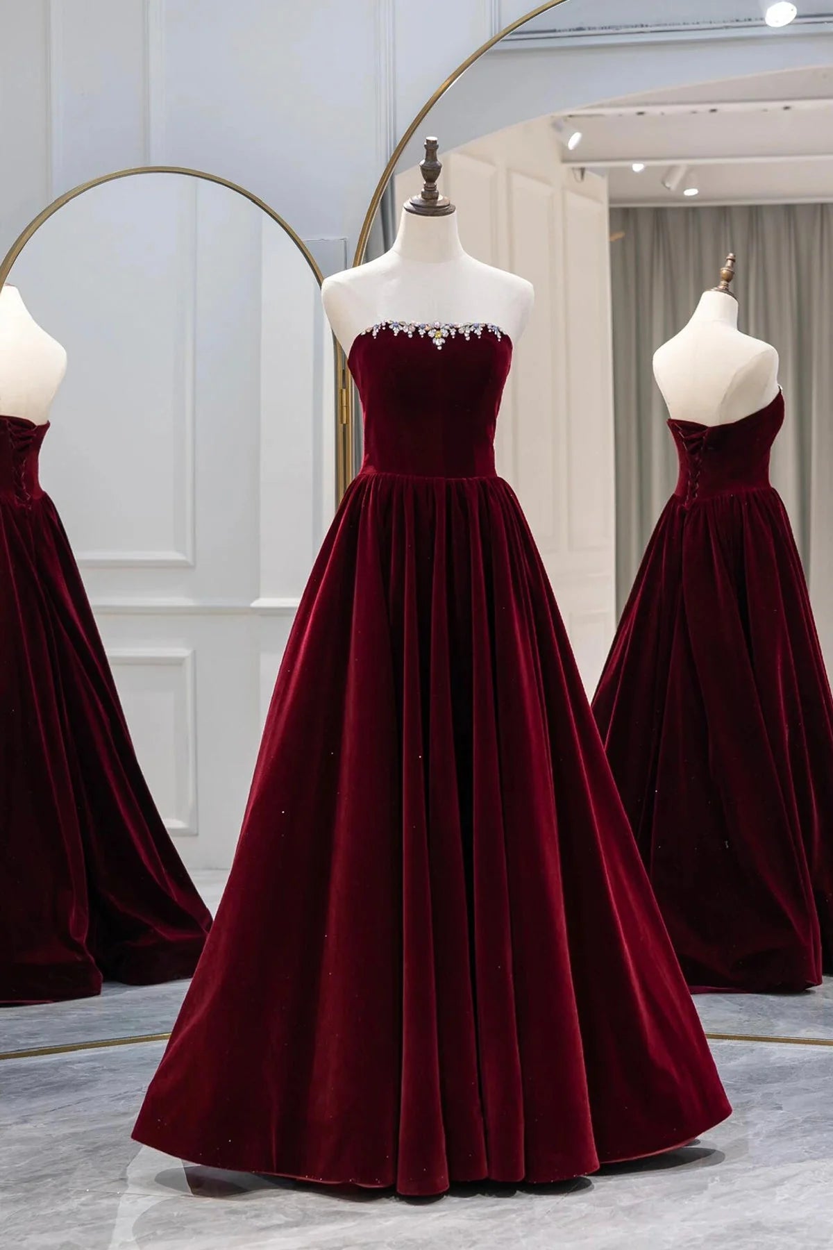 Burgundy Velvet Long Prom Dress Elegant A-Line Party Dress simple gentle atmospheric and unique desi Brin
