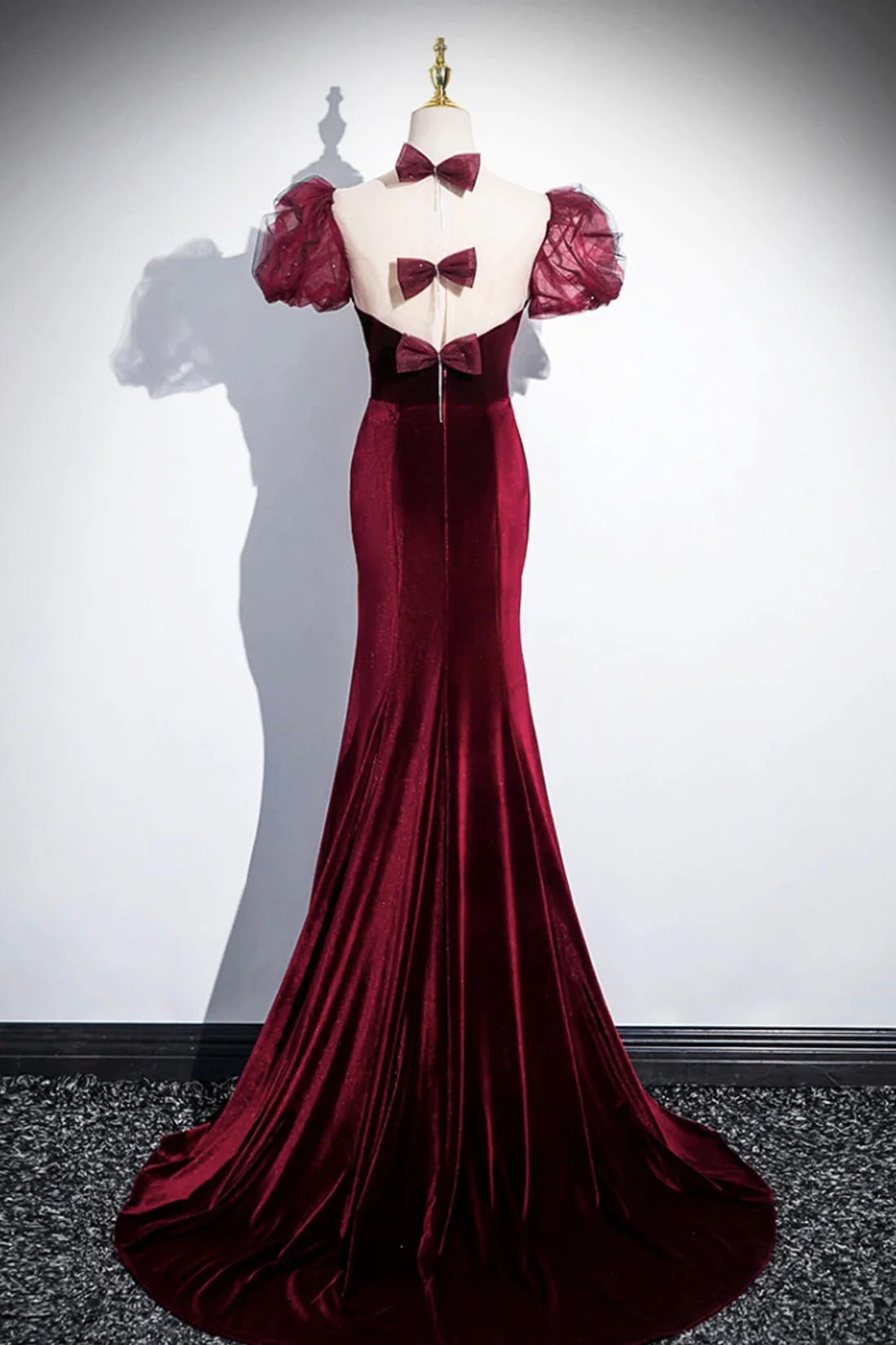 Burgundy Velvet Long Prom Dress Mermaid Short Sleeve Party Dress wit Bow simple gentle atmospheric and unique desi Bring summer