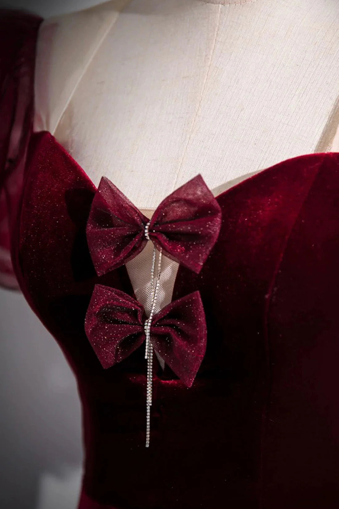 Burgundy Velvet Long Prom Dress Mermaid Short Sleeve Party Dress wit Bow simple gentle atmospheric and unique desi Bring summer