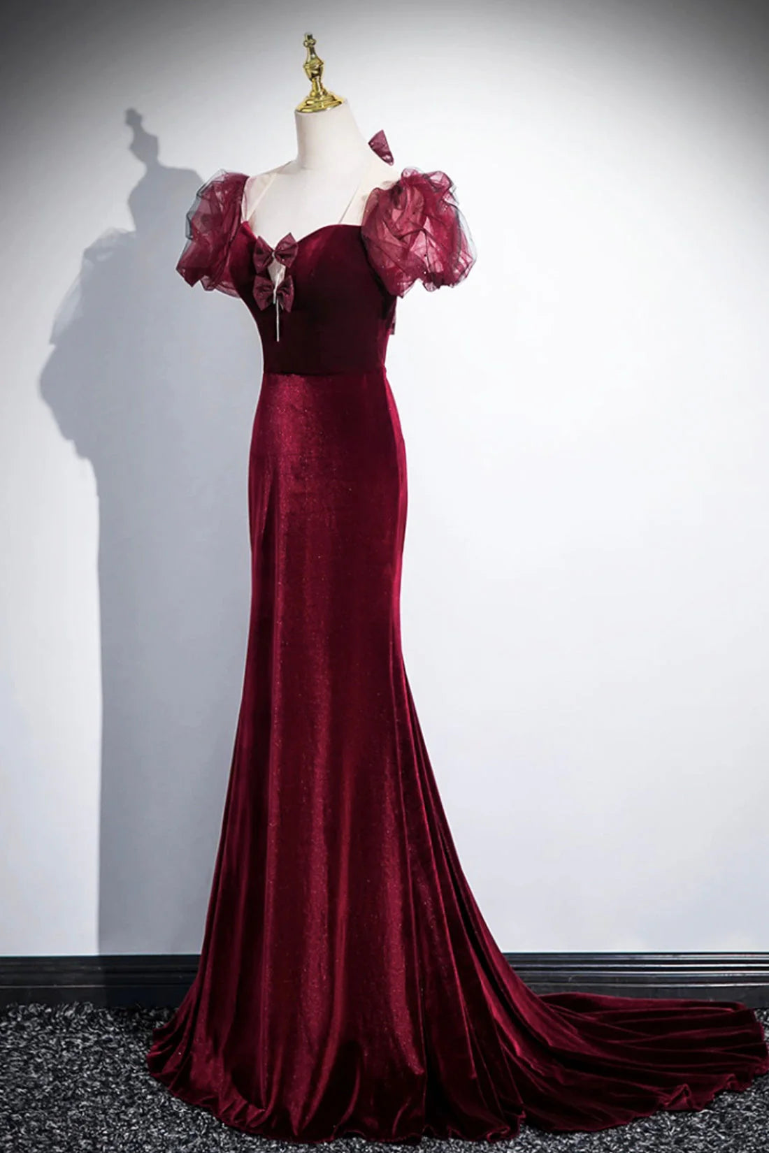 Burgundy Velvet Long Prom Dress Mermaid Short Sleeve Party Dress wit Bow simple gentle atmospheric and unique desi Bring summer