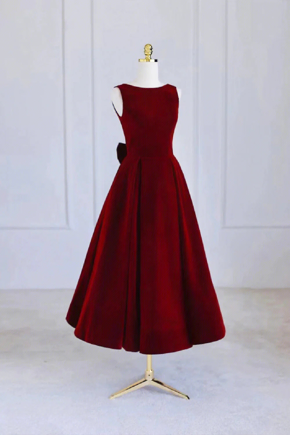 Burgundy Velvet Tea Length Prom Dress A-Line Party Dress with Bow  simple gentle atmospheric and unique desi Bring summer colors to enhance white