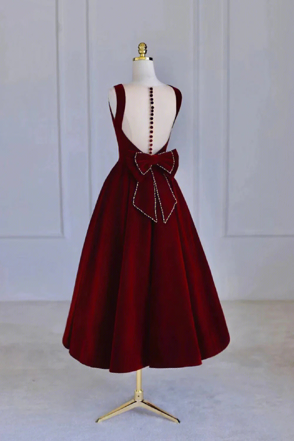 Burgundy Velvet Tea Length Prom Dress A-Line Party Dress with Bow  simple gentle atmospheric and unique desi Bring summer colors to enhance white