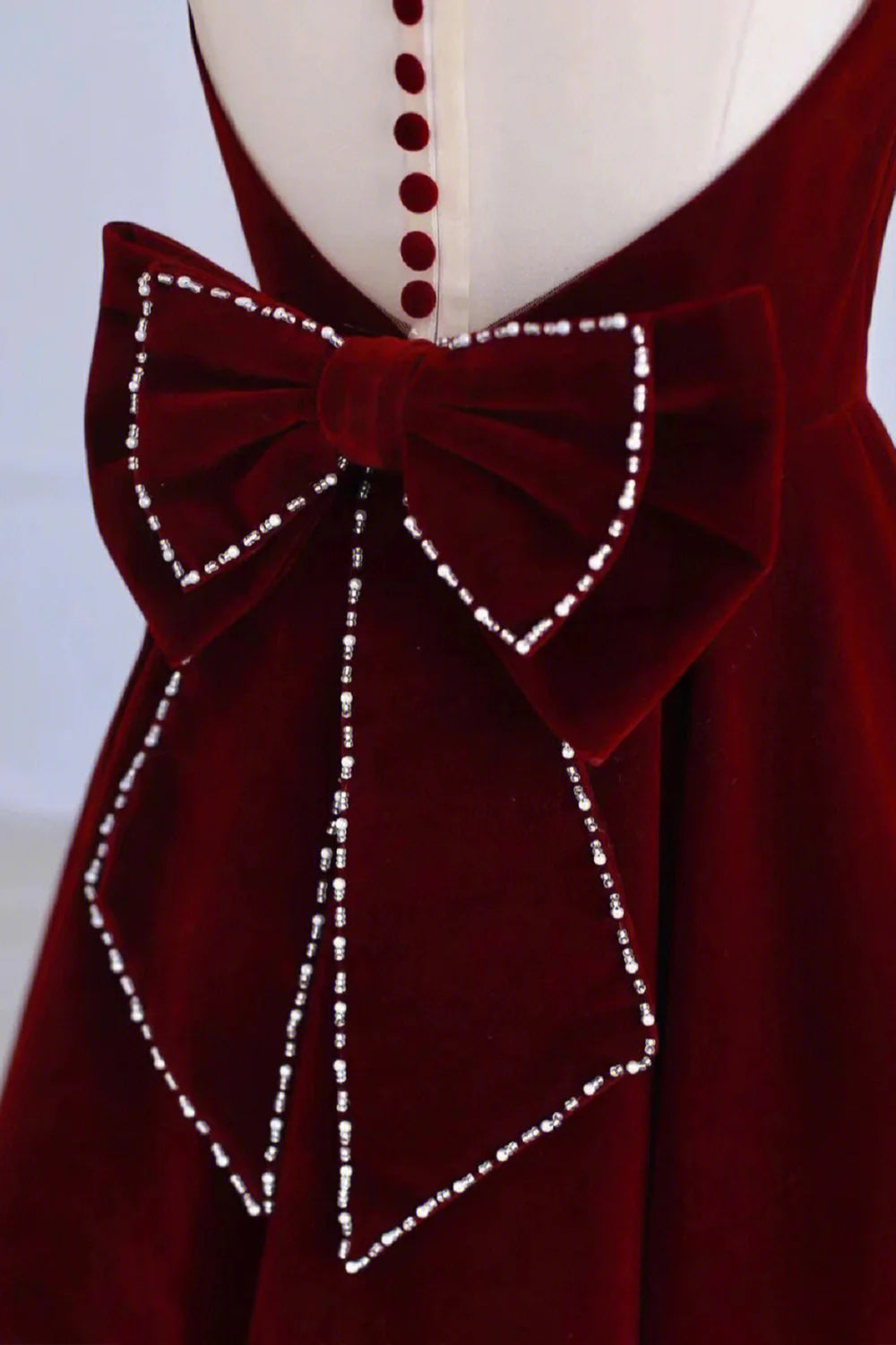 Burgundy Velvet Tea Length Prom Dress A-Line Party Dress with Bow  simple gentle atmospheric and unique desi Bring summer colors to enhance white
