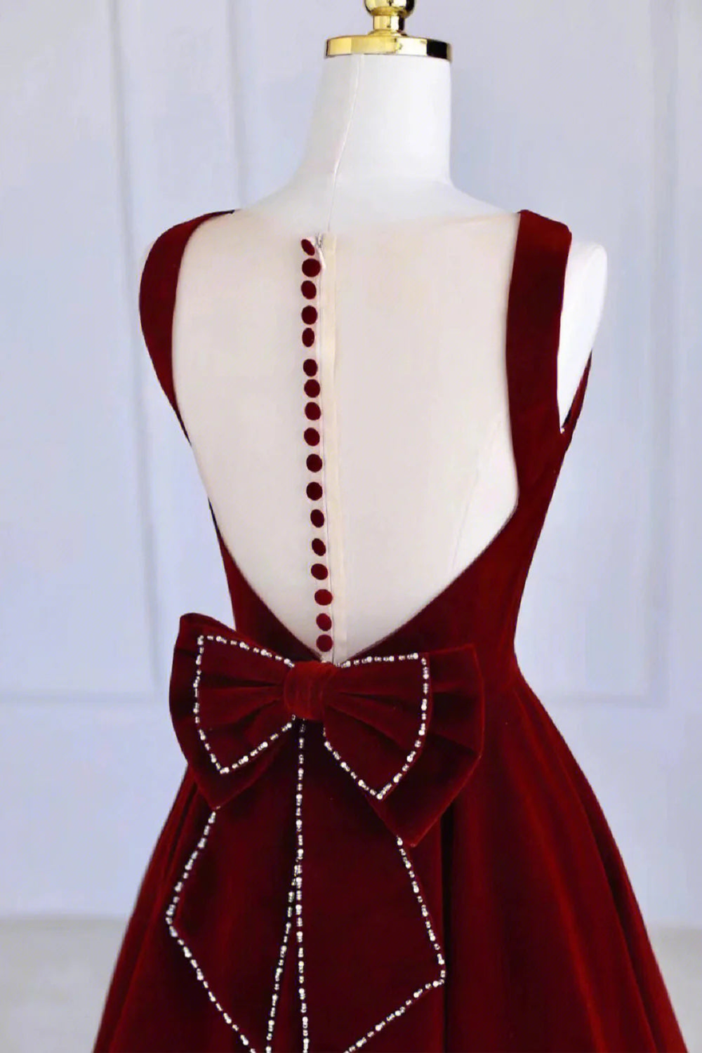 Burgundy Velvet Tea Length Prom Dress A-Line Party Dress with Bow  simple gentle atmospheric and unique desi Bring summer colors to enhance white