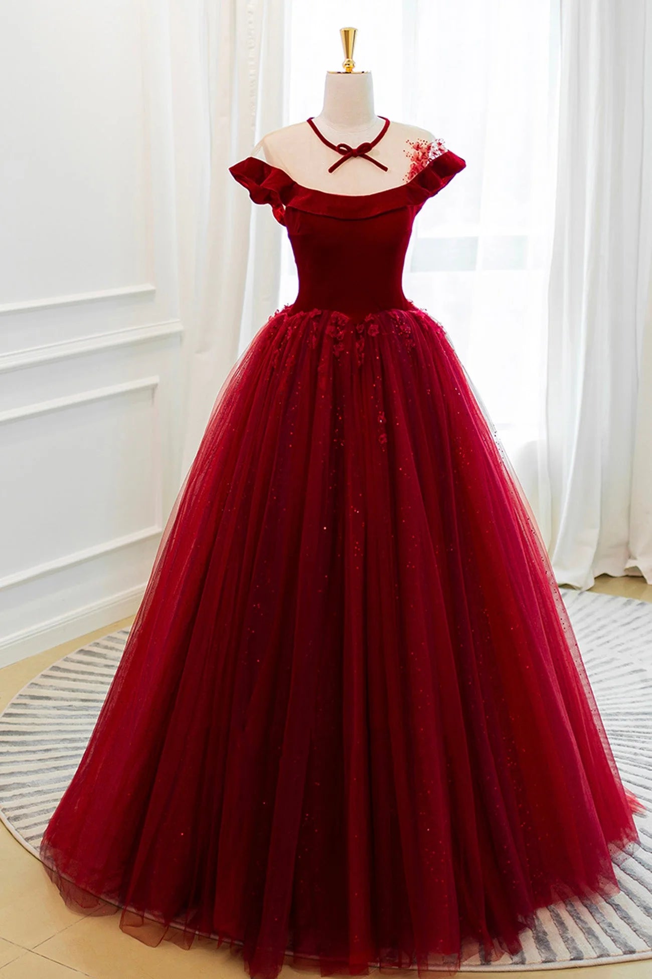 Burgundy Velvet Tulle Floor Length Prom Dress Lovely Evening Party Dress simple gentle atmospheric and unique desi Bring summer colors to enhance whitenes