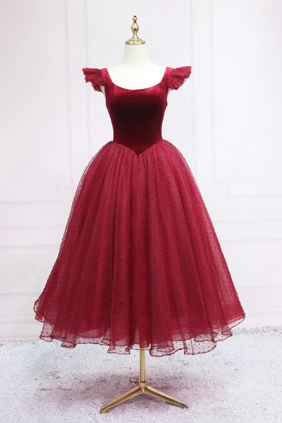 Burgundy Velvet Tulle Tea Length Prom Dress, Cute A-Line Party Dress simple gentle atmospheric and unique desi Bring summer colors to enhance white