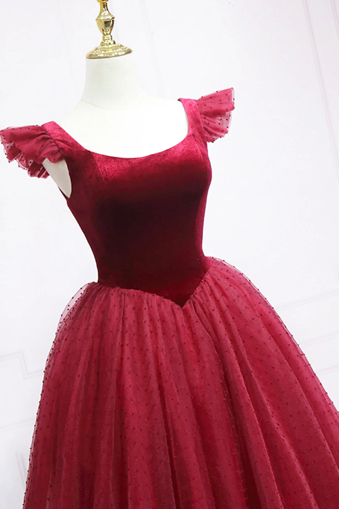 Burgundy Velvet Tulle Tea Length Prom Dress, Cute A-Line Party Dress simple gentle atmospheric and unique desi Bring summer colors to enhance white
