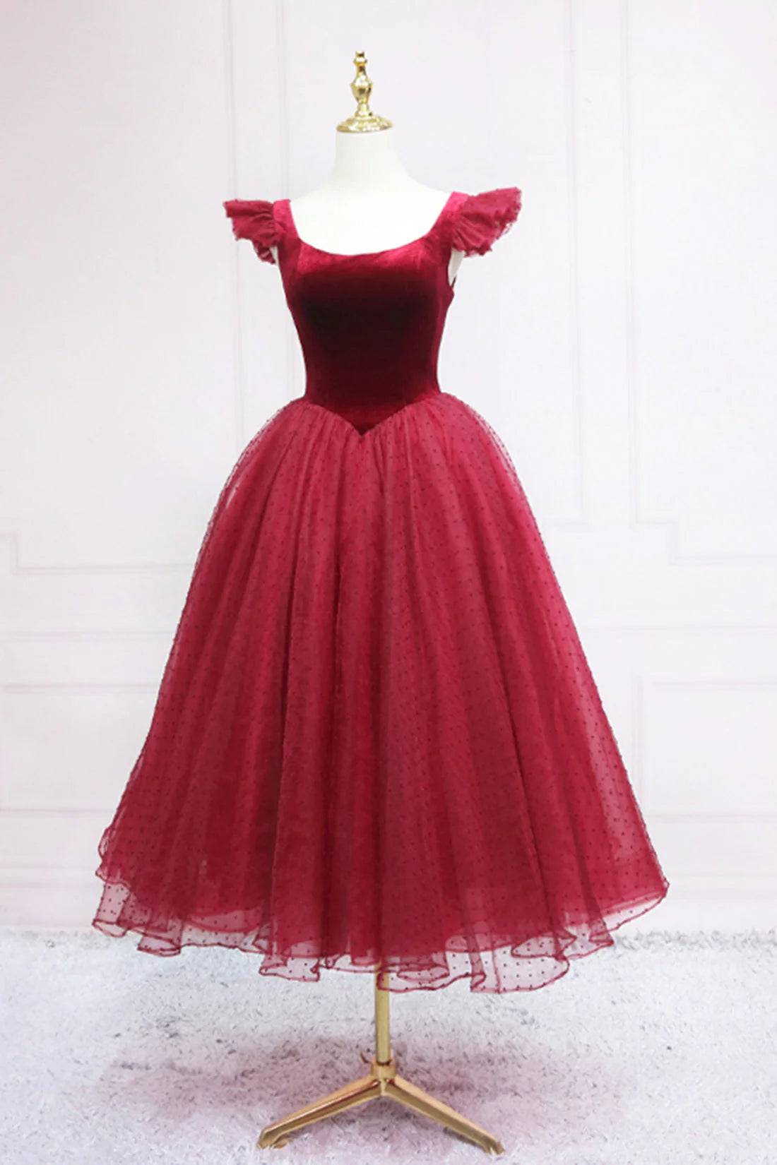 Burgundy Velvet Tulle Tea Length Prom Dress, Cute A-Line Party Dress simple gentle atmospheric and unique desi Bring summer colors to enhance white