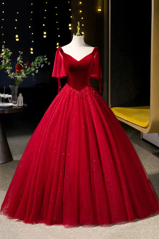 Burgundy Velvet and Tulle Long Prom Dress  A-Line V-Neck Formal Evening Dress simple gentle atmospheric and unique desi Bring summer colors to enhance white