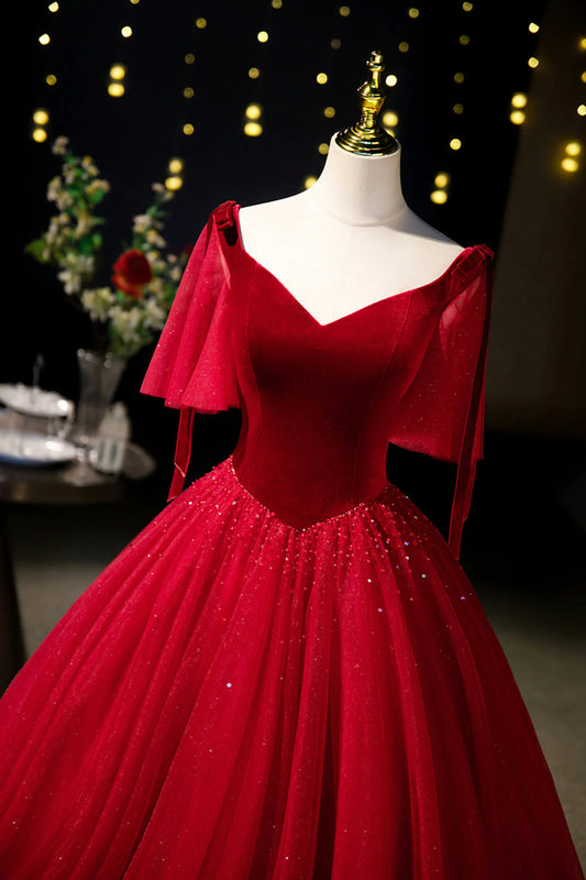 Burgundy Velvet and Tulle Long Prom Dress  A-Line V-Neck Formal Evening Dress simple gentle atmospheric and unique desi Bring summer colors to enhance white