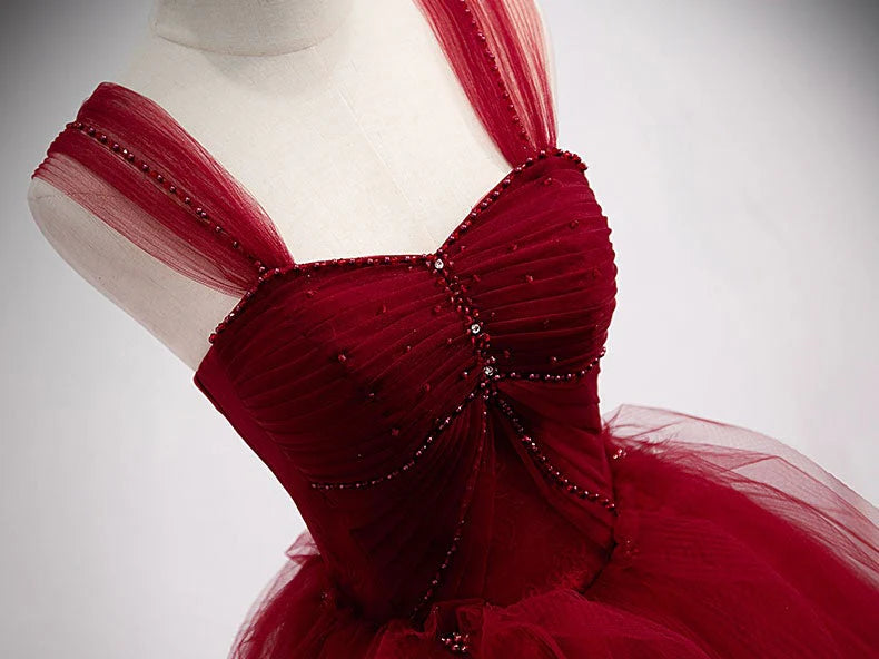 Burgundy sweetheart tulle long prom dress burgundy evening dress simple gentle atmospheric and unique desi Bring summer colors to enhance whitenes