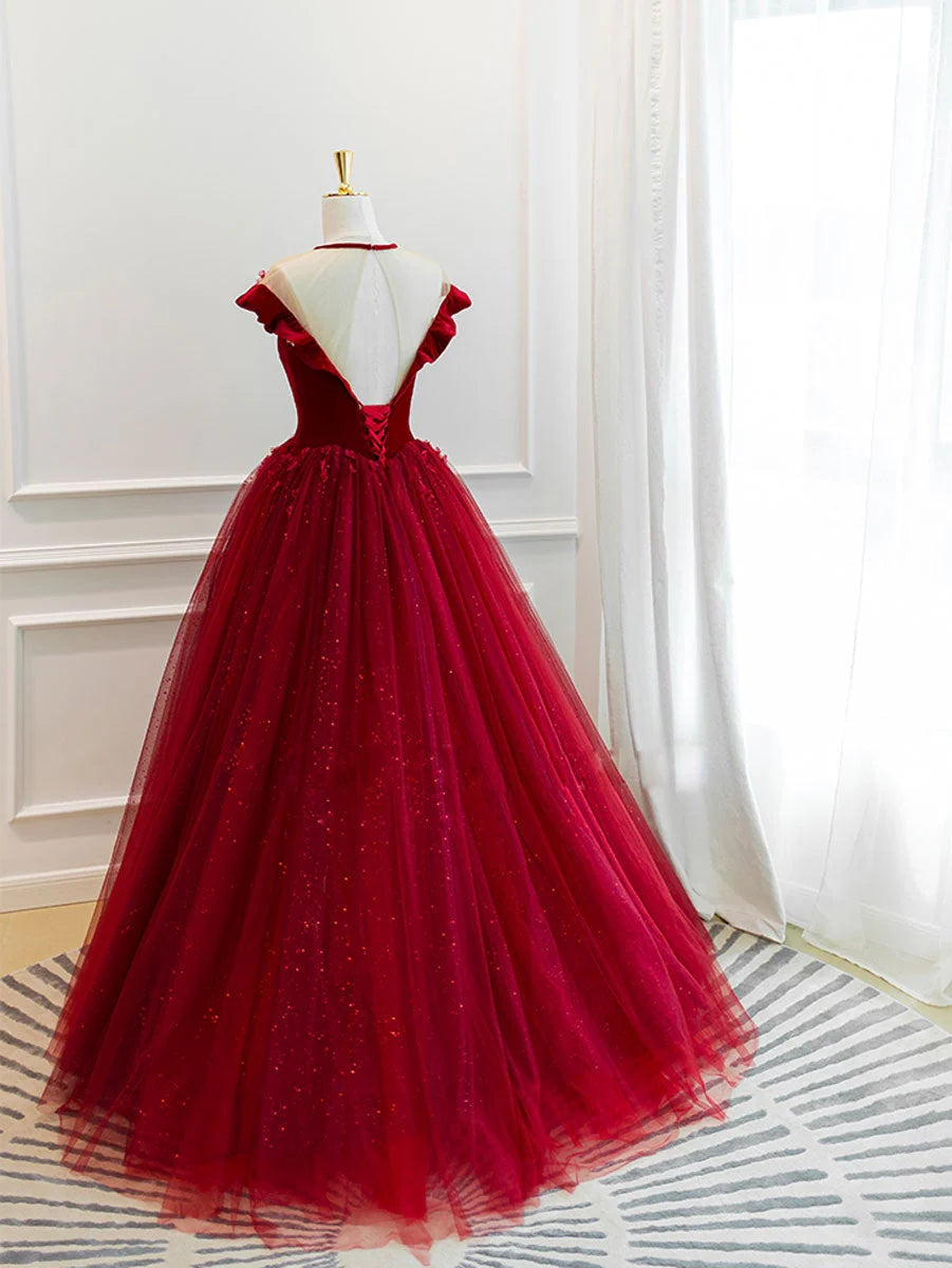 Burgundy tulle lace long prom dress burgundy tulle evening dress simple gentle atmospheric and unique desi Bring summer colors to enhance whitenes