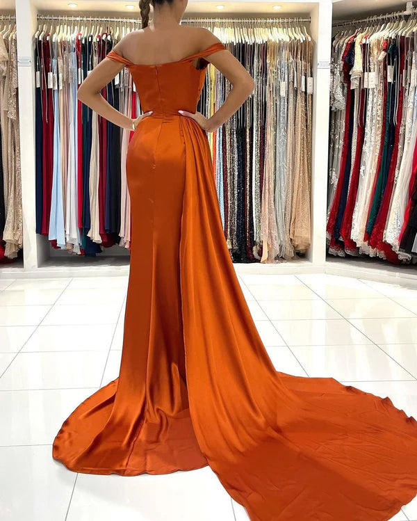 Burnt Orange Mermaid Prom Dress Off-the-Shoulder Slit Party GownsSimple gentle atmospheric and unique design