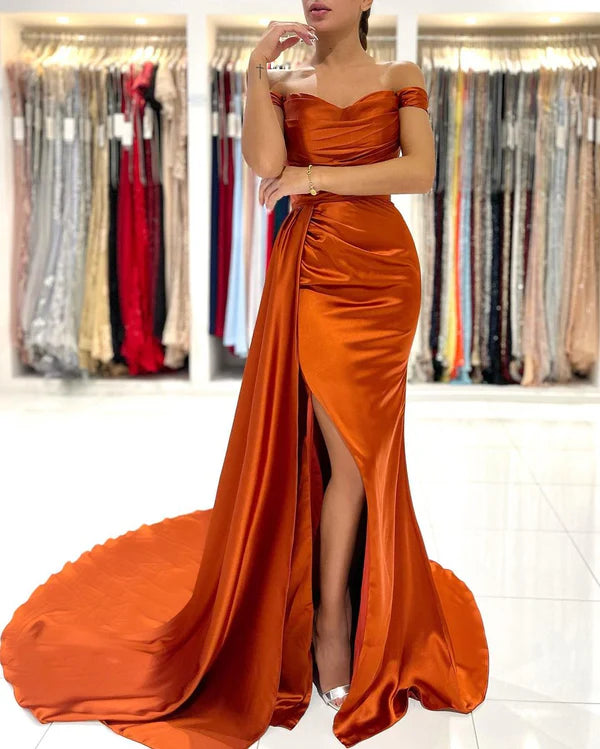 Burnt Orange Mermaid Prom Dress Off-the-Shoulder Slit Party GownsSimple gentle atmospheric and unique design