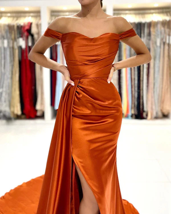 Burnt Orange Mermaid Prom Dress Off-the-Shoulder Slit Party GownsSimple gentle atmospheric and unique design