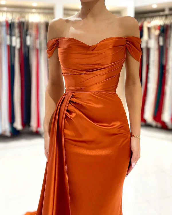 Burnt Orange Mermaid Prom Dress Off-the-Shoulder Slit Party GownsSimple gentle atmospheric and unique design