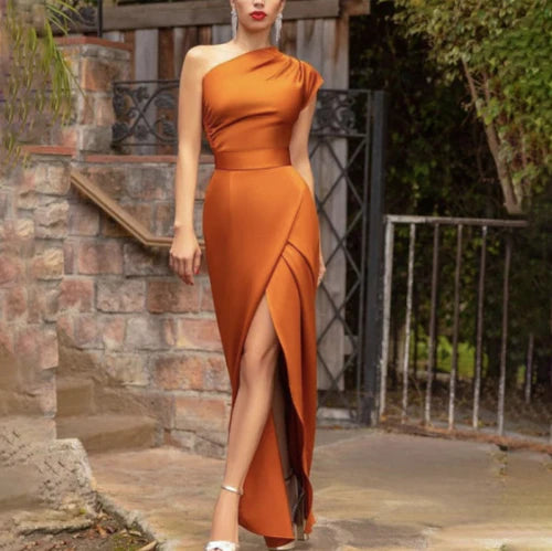 Burnt Orange One Shoulder Prom Dress Long With Slit Simple gentle atmospheric and unique design