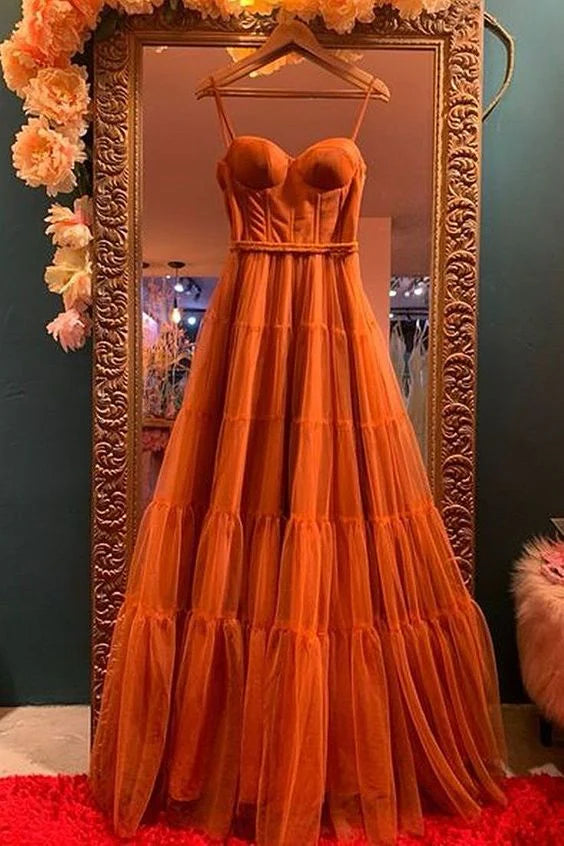 Burnt Orange Straps Tulle A-Line Long Prom Gown Formal Dress simple gentle atmospheric and unique desi Bring summer colors to enhance whiteness