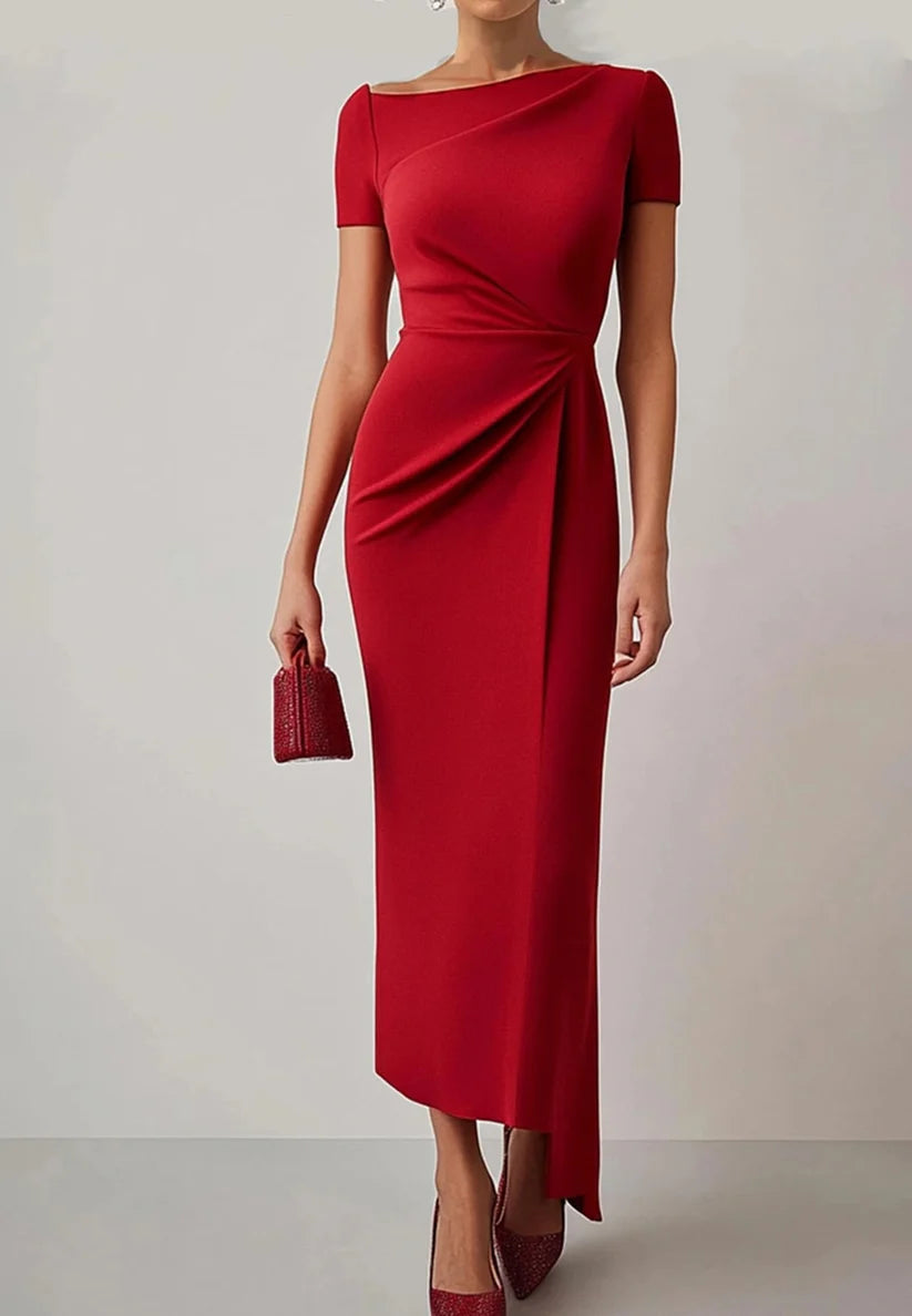 Business Work Red Dress Crew Neck Pleat Midi Dress simple gentle atmospheric and unique desi Bring summer colors to enhance whiteness