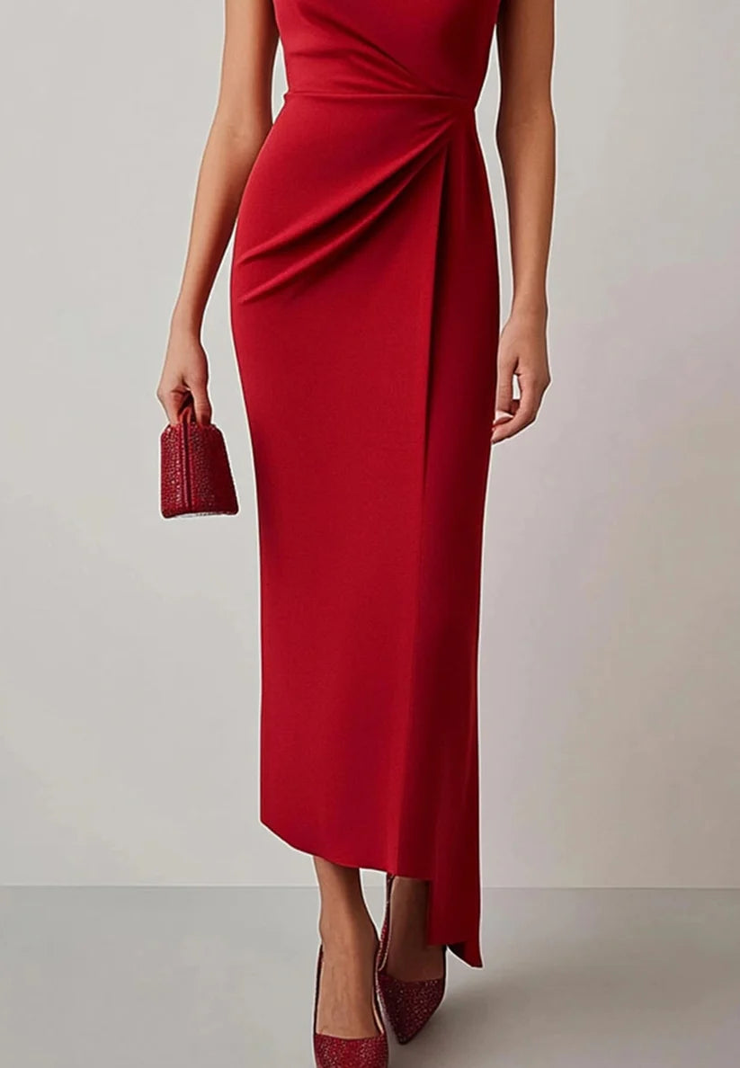 Business Work Red Dress Crew Neck Pleat Midi Dress simple gentle atmospheric and unique desi Bring summer colors to enhance whiteness