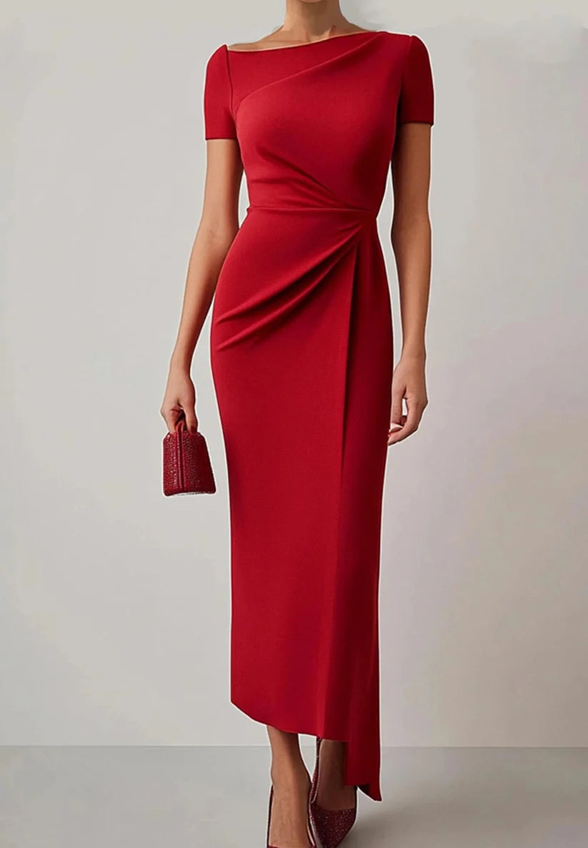 Business Work Red Dress Crew Neck Pleat Midi Dress simple gentle atmospheric and unique desi Bring summer colors to enhance whiteness