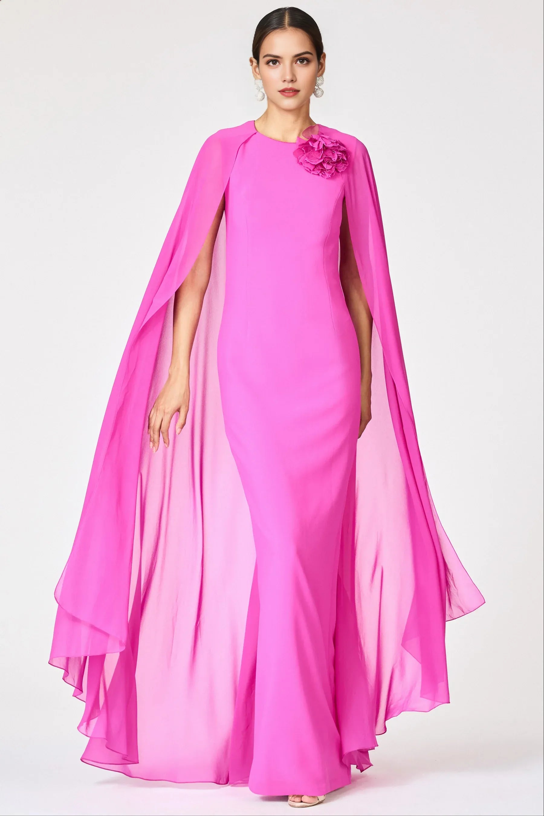 Caped Sheath Crew Neck Flower Accent Sleeveless Zipper Back Floor Length For Ladies Evening Dress