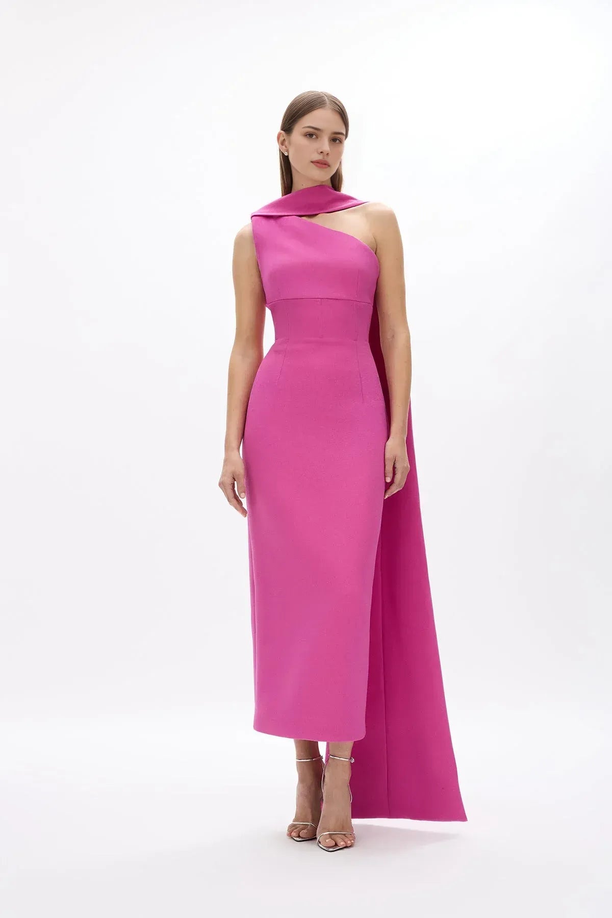 Caped Sheath One Shoulder Sleeveless Zipper Back High Slit Midi Length For Women Prom Dress