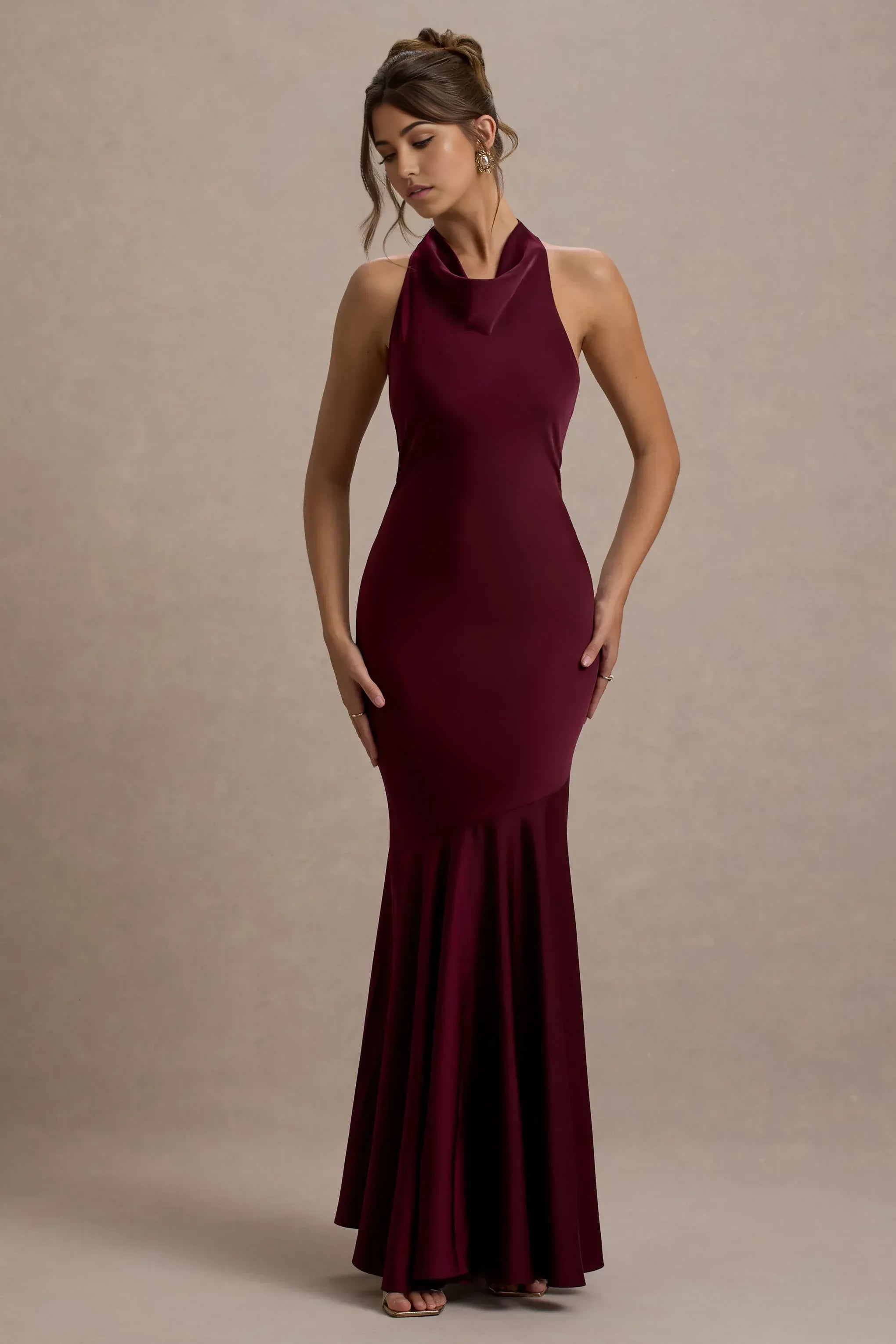 Captivating Mermaid Cowl Neck Sleeveless Open Back Floor Length Prom Dress