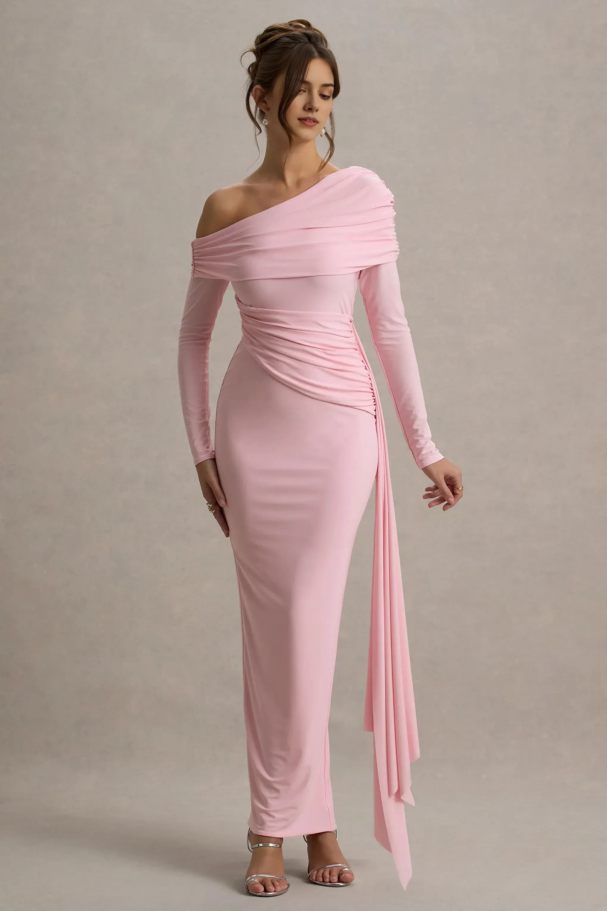 Captivating Mermaid One Shoulder Long Sleeve Ruched Drape Floor Length Prom Dress