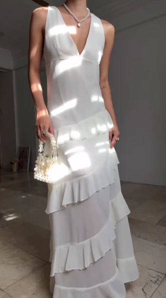 Casual V Neck Chiffon Ruffle Prom Dress Backless Long Formal Dresses simple gentle atmospheric and unique desi Bring summer colors to enhance whiteness