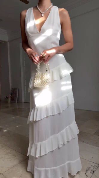 Casual V Neck Chiffon Ruffle Prom Dress Backless Long Formal Dresses simple gentle atmospheric and unique desi Bring summer colors to enhance whiteness