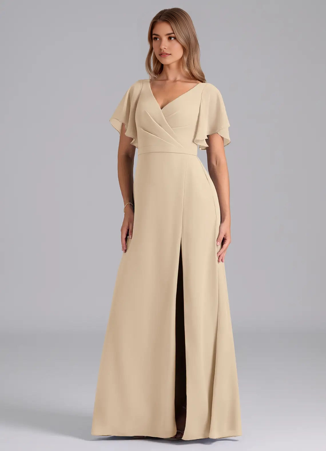 Champagne Flutter Sleeve V-Neck Maxi Dress with Side Slit Champagne A-Line Pleated Chiffon Dress Bridesmaid Dresses