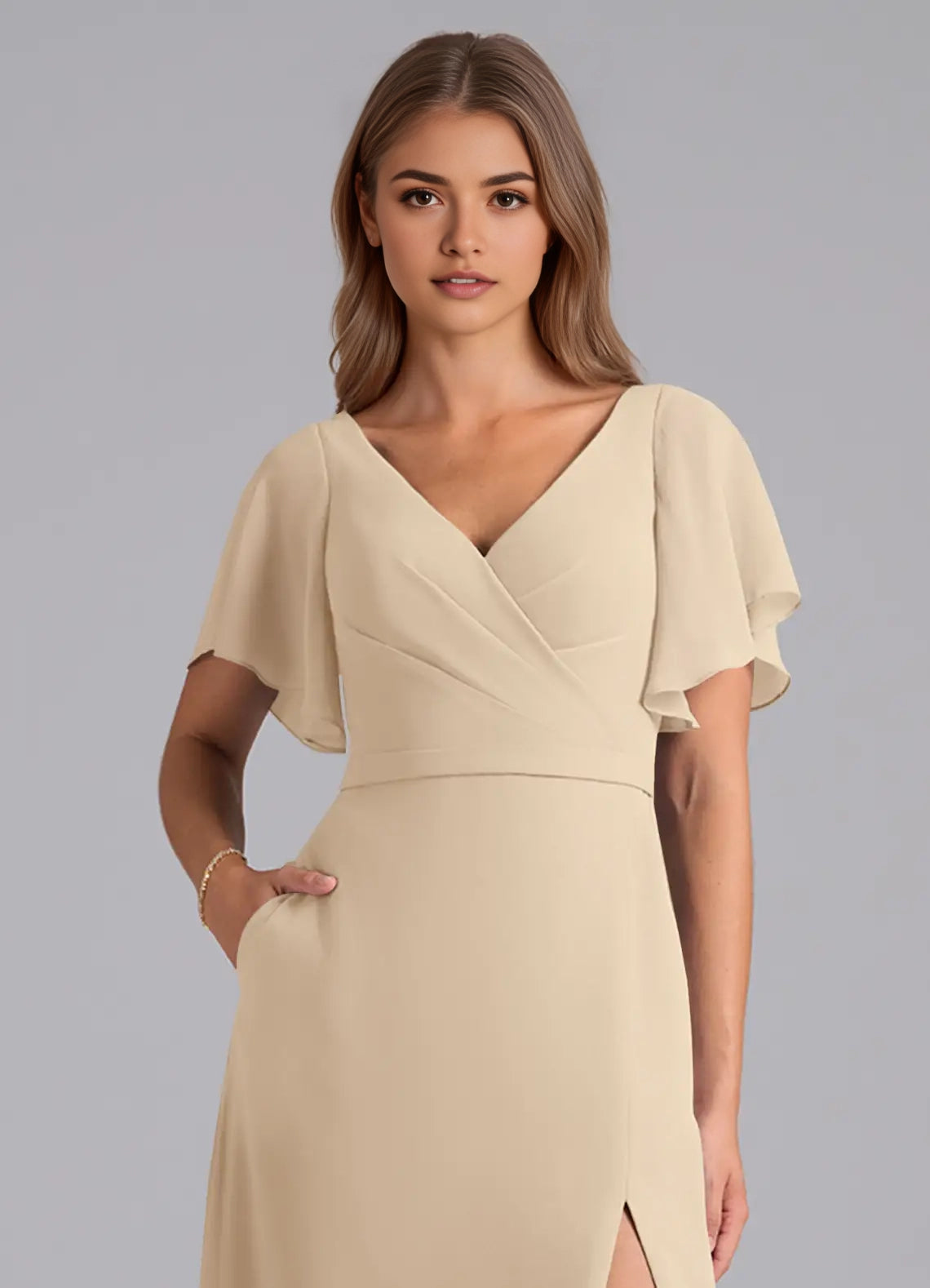 Champagne Flutter Sleeve V-Neck Maxi Dress with Side Slit Champagne A-Line Pleated Chiffon Dress Bridesmaid Dresses