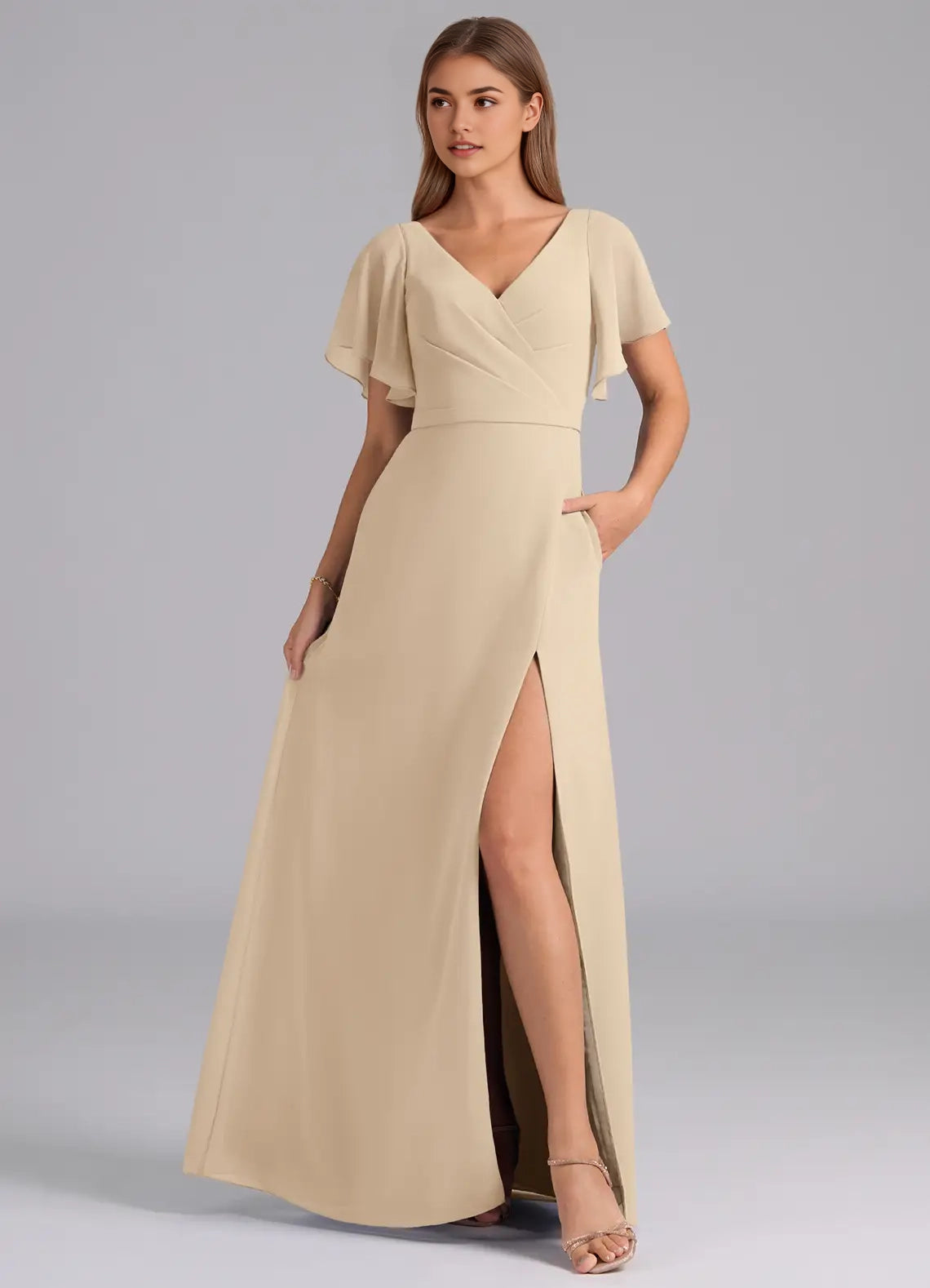 Champagne Flutter Sleeve V-Neck Maxi Dress with Side Slit Champagne A-Line Pleated Chiffon Dress Bridesmaid Dresses