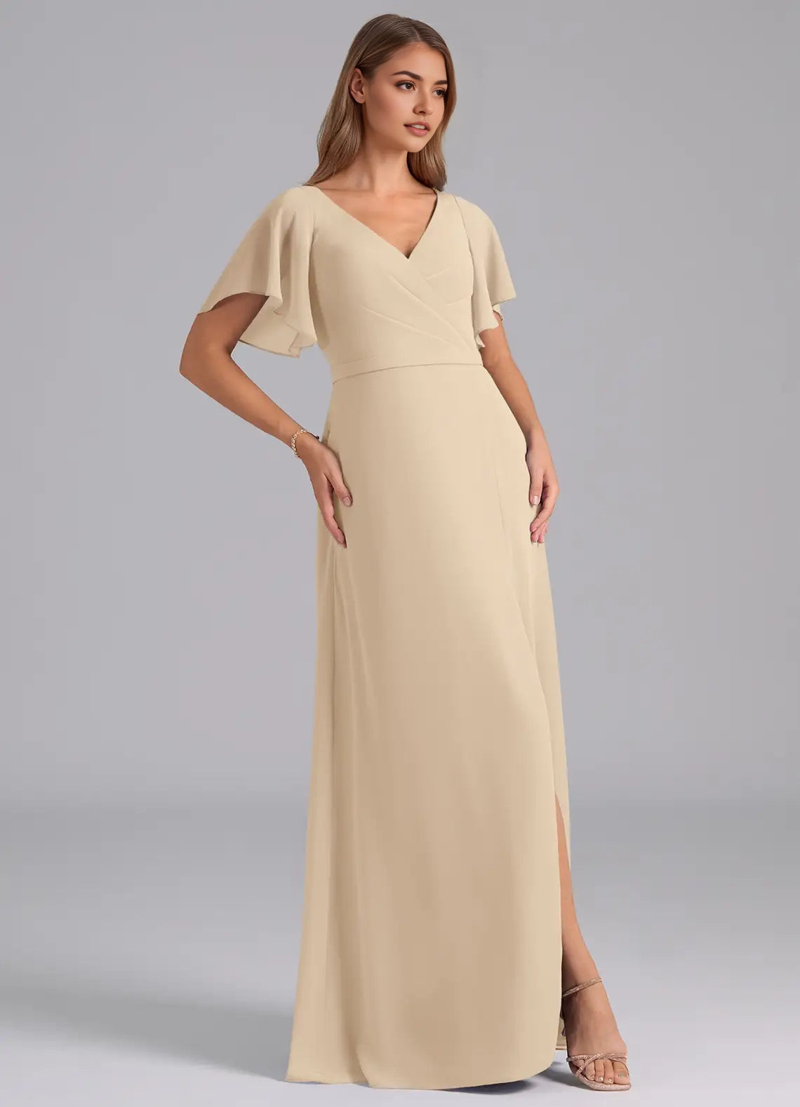 Champagne Flutter Sleeve V-Neck Maxi Dress with Side Slit Champagne A-Line Pleated Chiffon Dress Bridesmaid Dresses