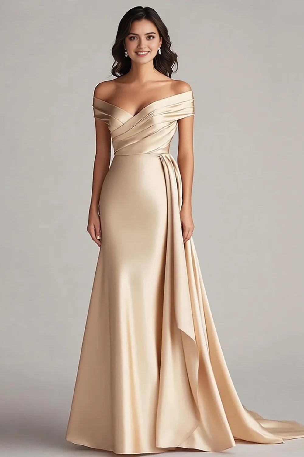 Champagne Off - Shoulder Satin Evening Gown with Train Off The Shoulder Champagne Long Formal Dress Evening Dress