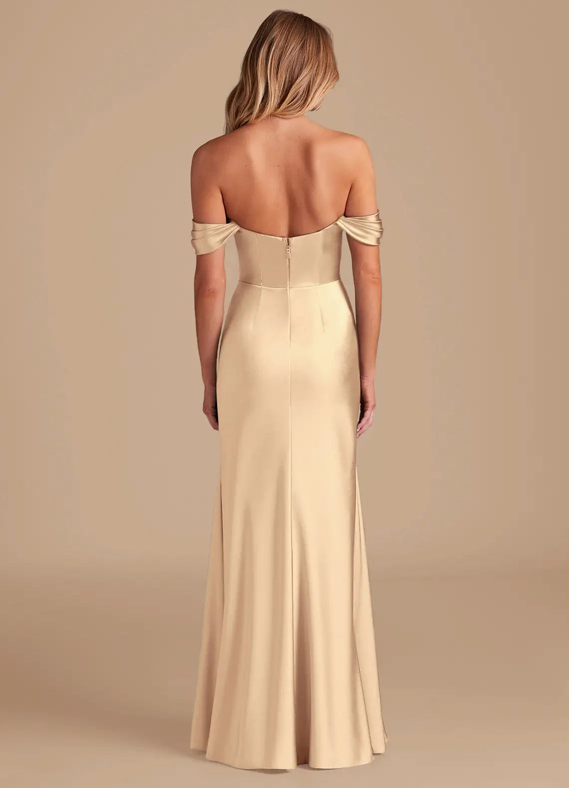 Champagne Off-Shoulder Satin Maxi Dress with Side Slit Gold A-Line Off the Shoulder Metallic Satin Convertible Dress Bridesmaid Dresses