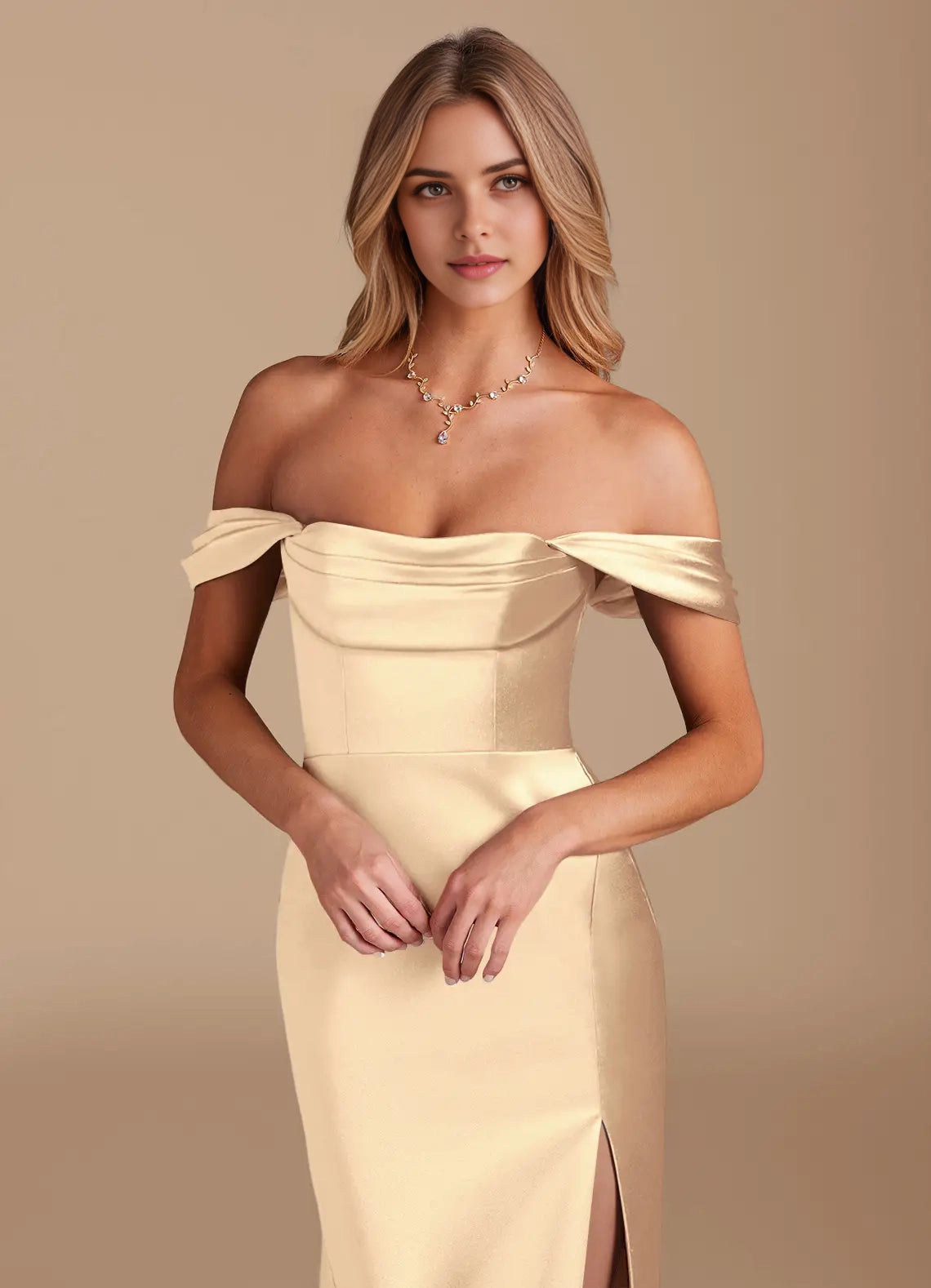 Champagne Off-Shoulder Satin Maxi Dress with Side Slit Gold A-Line Off the Shoulder Metallic Satin Convertible Dress Bridesmaid Dresses