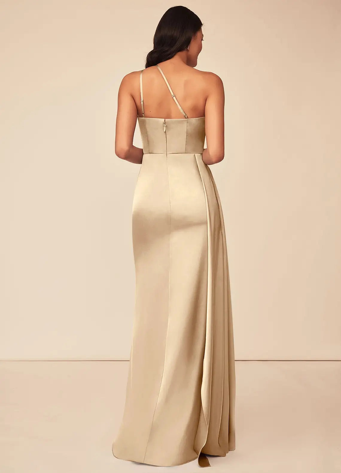 Champagne One-Shoulder Satin Maxi Dress with Side Slit A-Line One Shoulder Stretch Satin Dress Bridesmaid Dresses