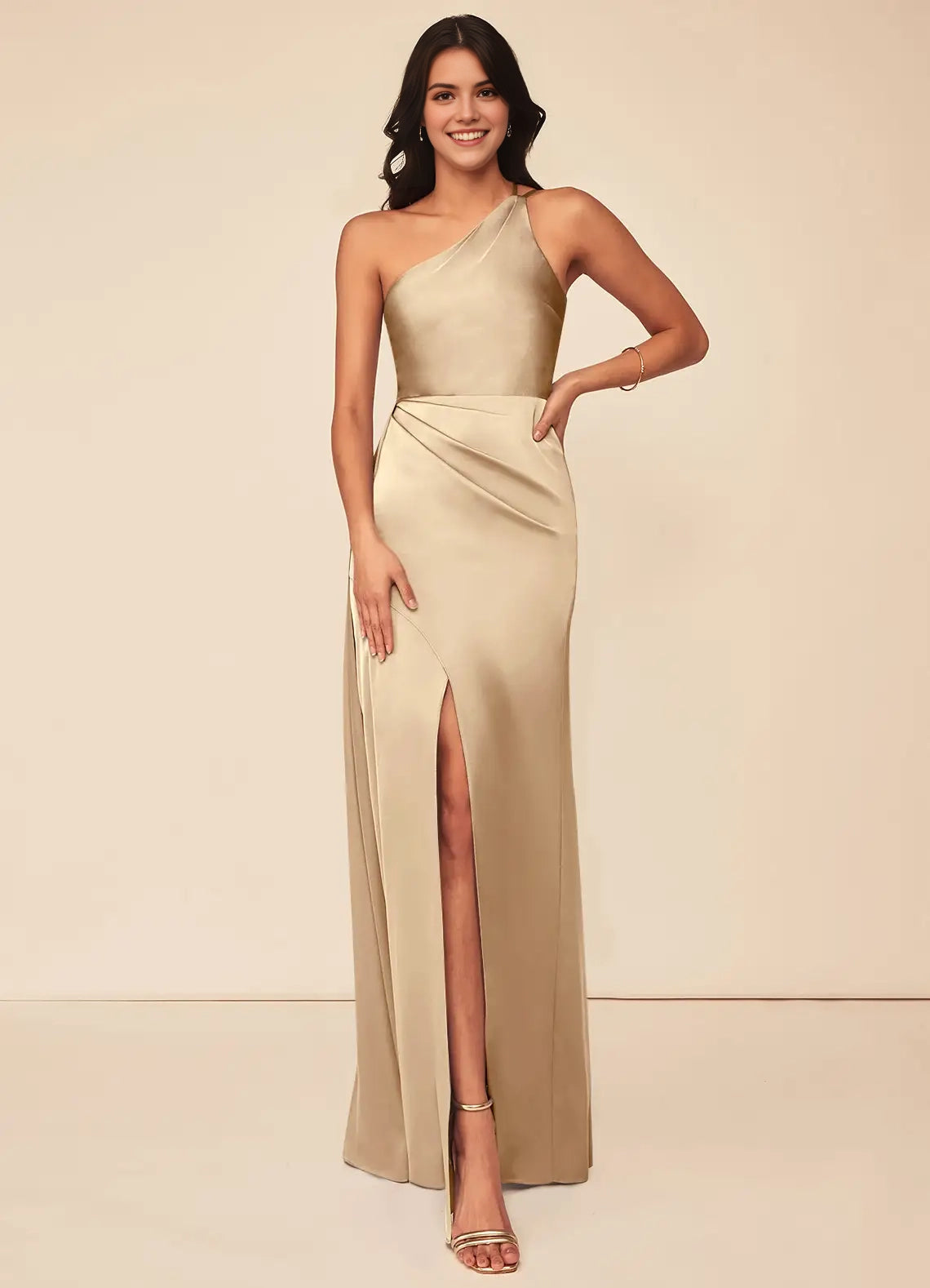 Champagne One-Shoulder Satin Maxi Dress with Side Slit A-Line One Shoulder Stretch Satin Dress Bridesmaid Dresses