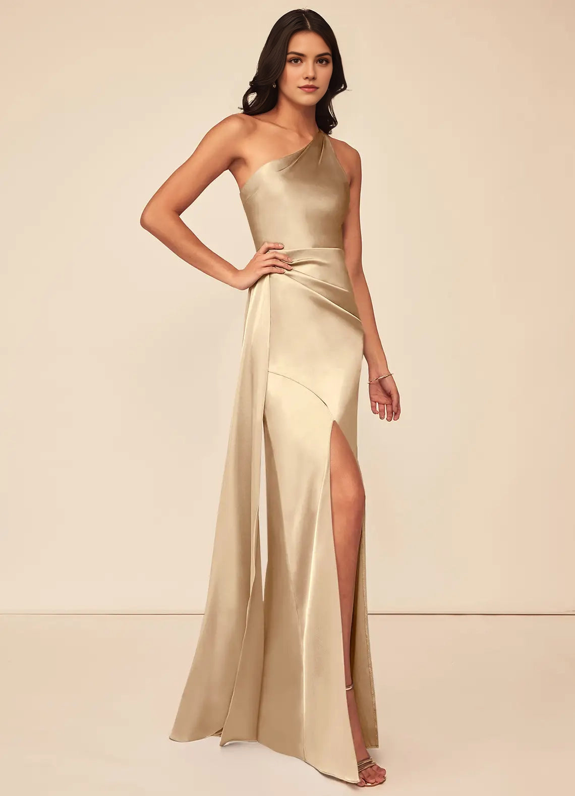 Champagne One-Shoulder Satin Maxi Dress with Side Slit A-Line One Shoulder Stretch Satin Dress Bridesmaid Dresses