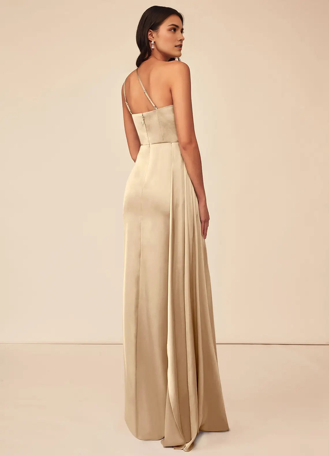 Champagne One-Shoulder Satin Maxi Dress with Side Slit A-Line One Shoulder Stretch Satin Dress Bridesmaid Dresses