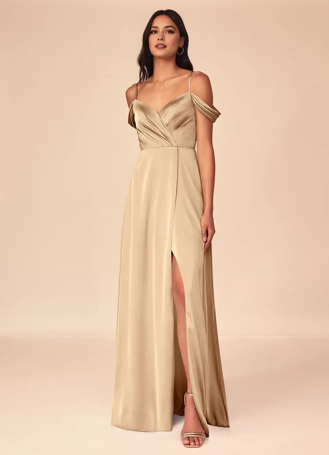 Champagne Satin Cold-Shoulder Maxi with Side Slit A-Line V-Neck Pleated Stretch Bridesmaid Dresses
