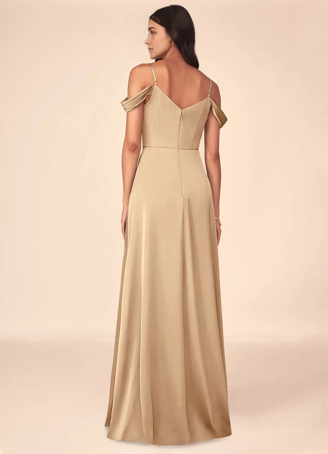 Champagne Satin Cold-Shoulder Maxi with Side Slit A-Line V-Neck Pleated Stretch Bridesmaid Dresses