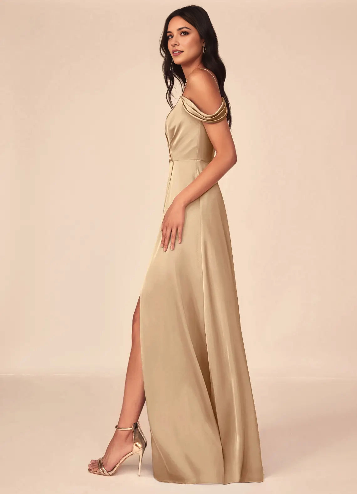 Champagne Satin Cold-Shoulder Maxi with Side Slit A-Line V-Neck Pleated Stretch Bridesmaid Dresses
