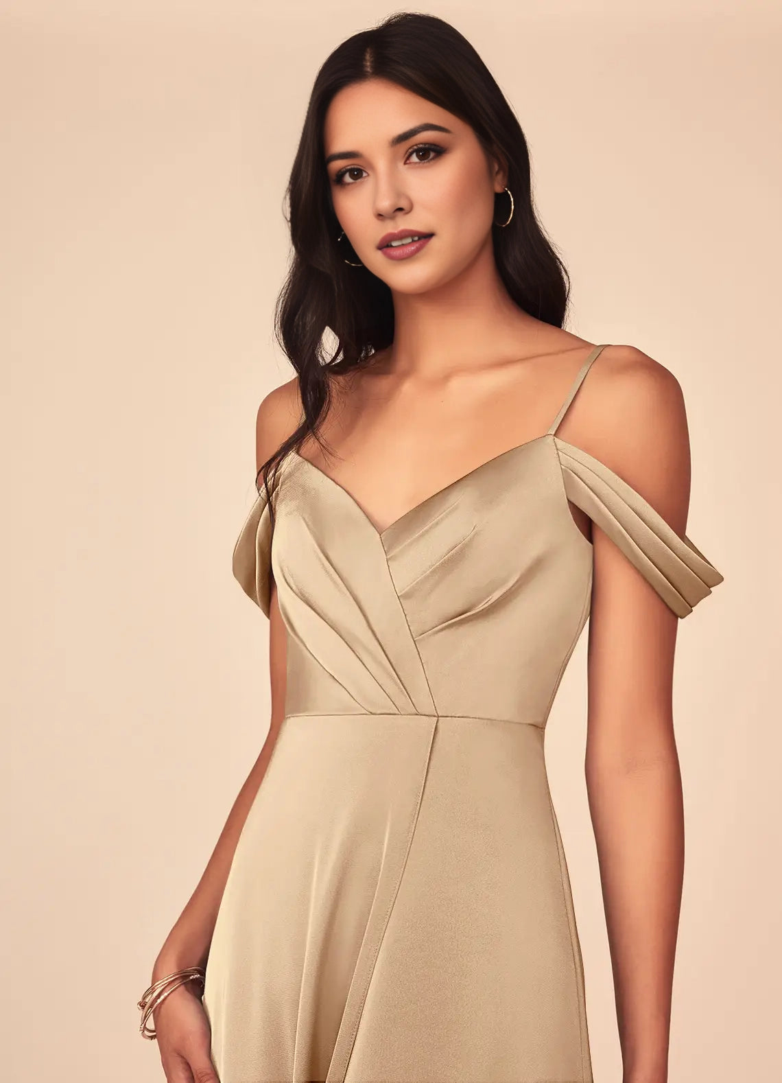 Champagne Satin Cold-Shoulder Maxi with Side Slit A-Line V-Neck Pleated Stretch Bridesmaid Dresses