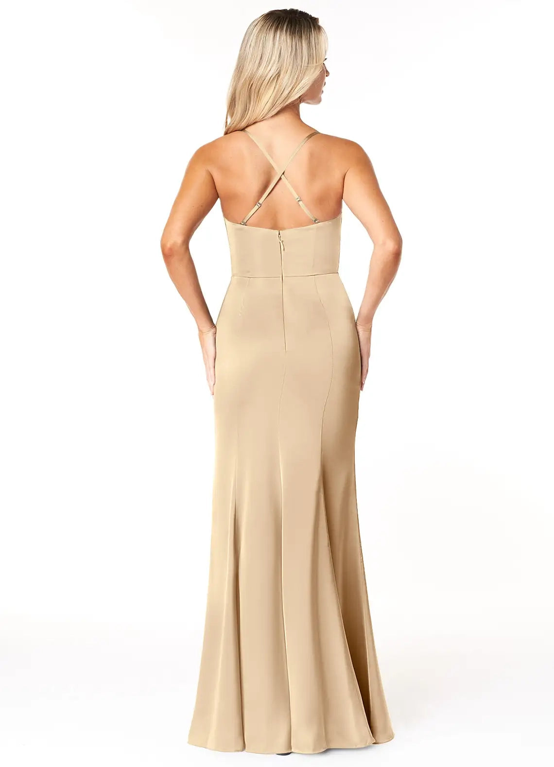 Champagne Satin Cowl Neck Evening Gown with Crisscross Back Sheath Cowl Pleated Stretch Satin Dress Bridesmaid Dresses