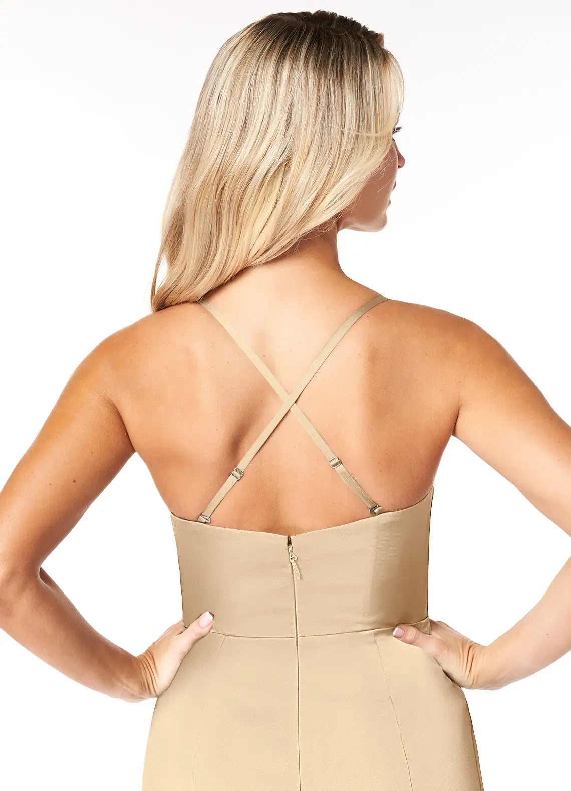 Champagne Satin Cowl Neck Evening Gown with Crisscross Back Sheath Cowl Pleated Stretch Satin Dress Bridesmaid Dresses