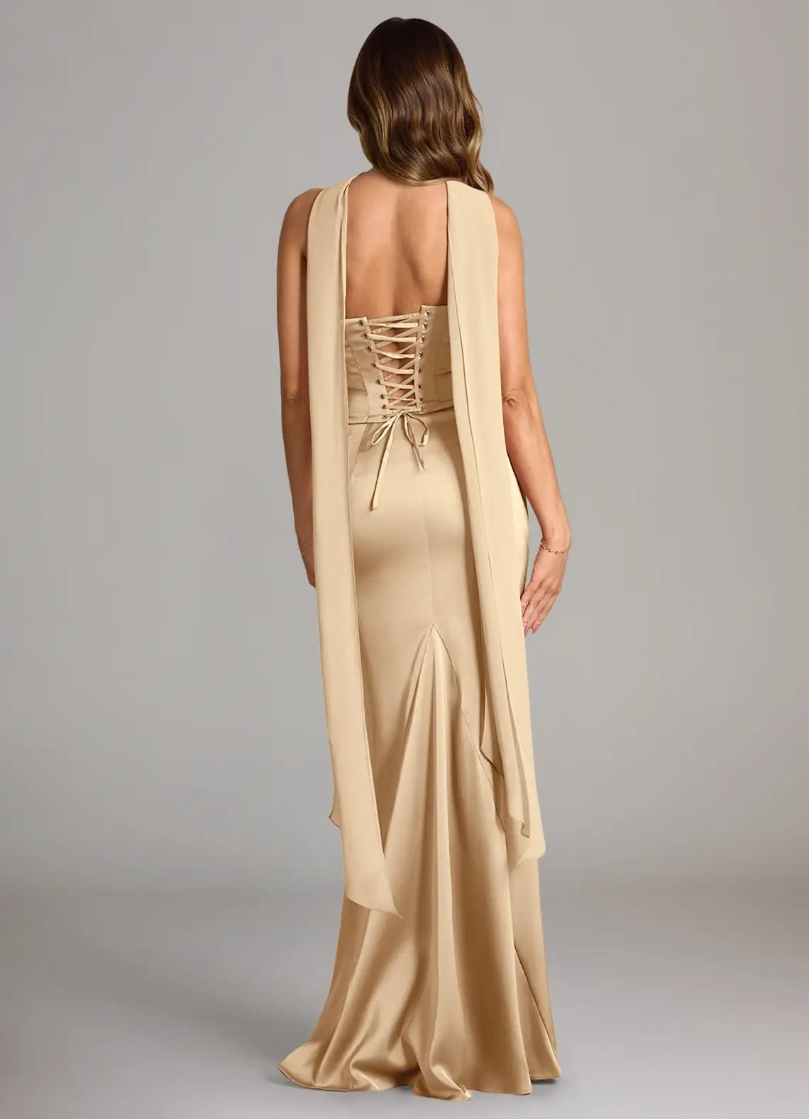 Champagne Satin Cowl Neck Maxi Dress with Draped Scarf Champagne Mermaid Strapless Stretch Satin Convertible Dress Bridesmaid Dresses